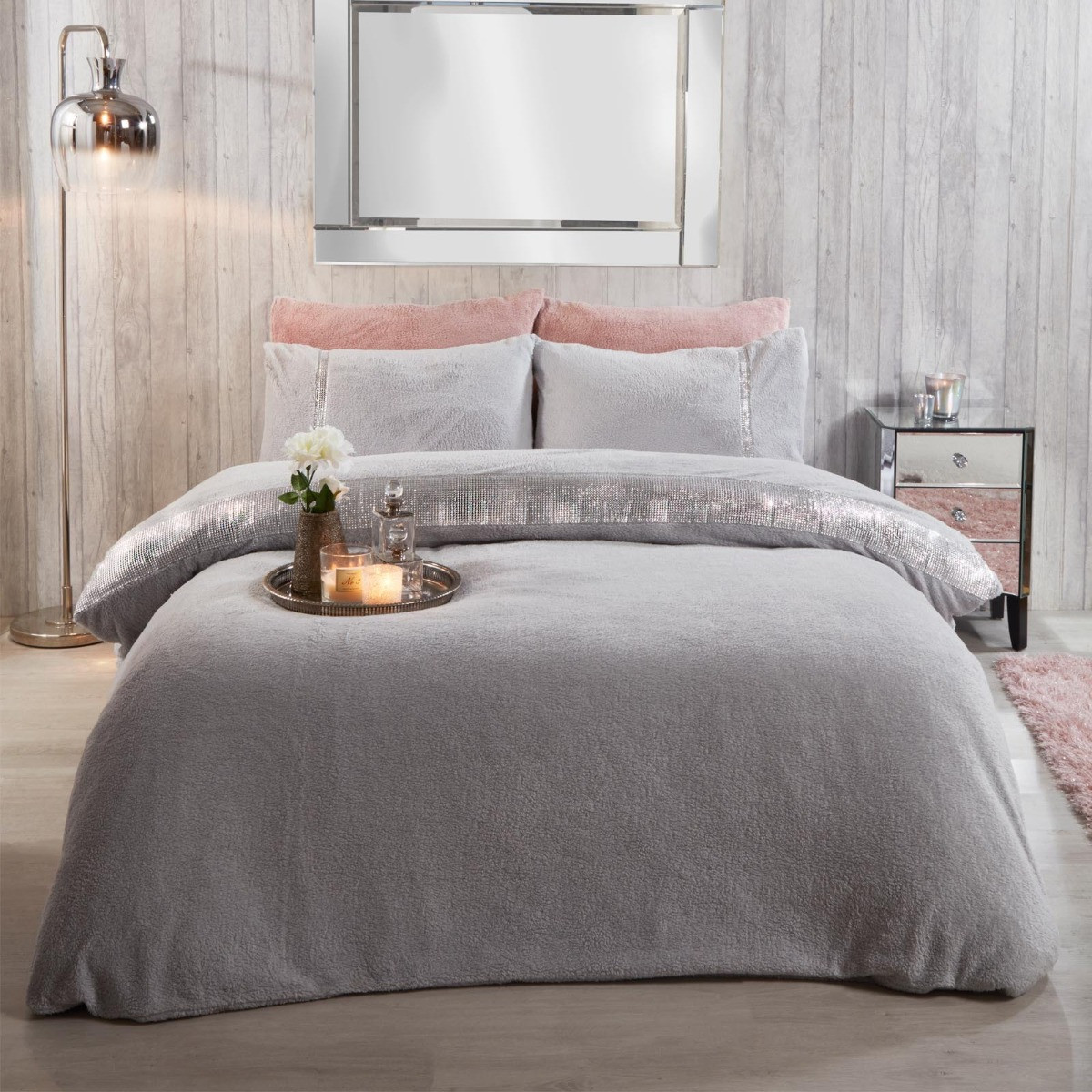 OHS Teddy Diamante Duvet Cover Set, Silver Grey - Single>
