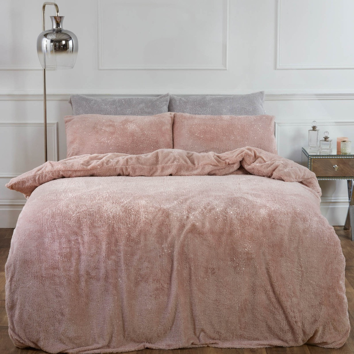 Sienna Teddy Fleece Glitter Duvet Cover Set, Blush Pink - Double>