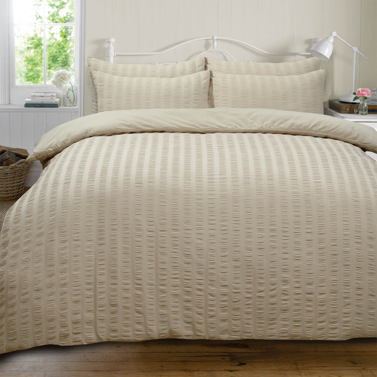 OHS Seersucker Duvet Set, Stone - Super King>