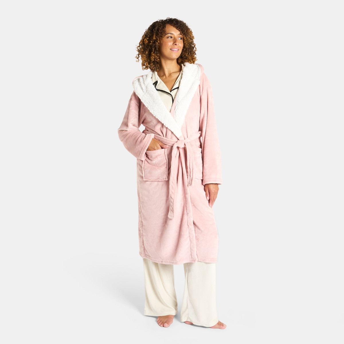 OHS Hooded Sherpa Fleece Dressing Gown - Blush Pink>