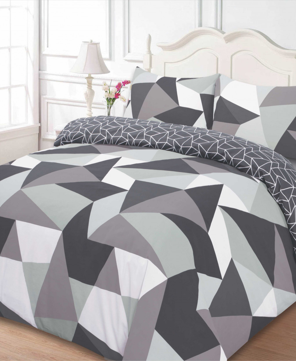 Dreamscene Shapes Geometric Duvet Cover Bedding Set, Black Grey - Double>