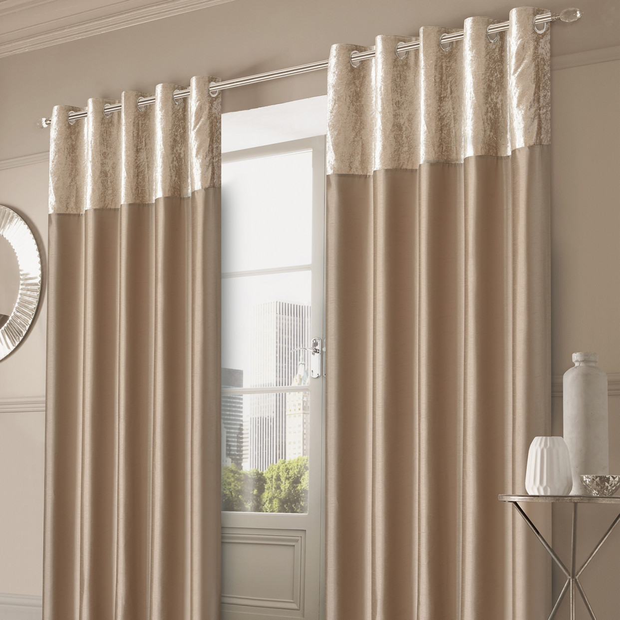 Sienna Home Crushed Velvet Band Eyelet Curtains, Gold - 90"x72">