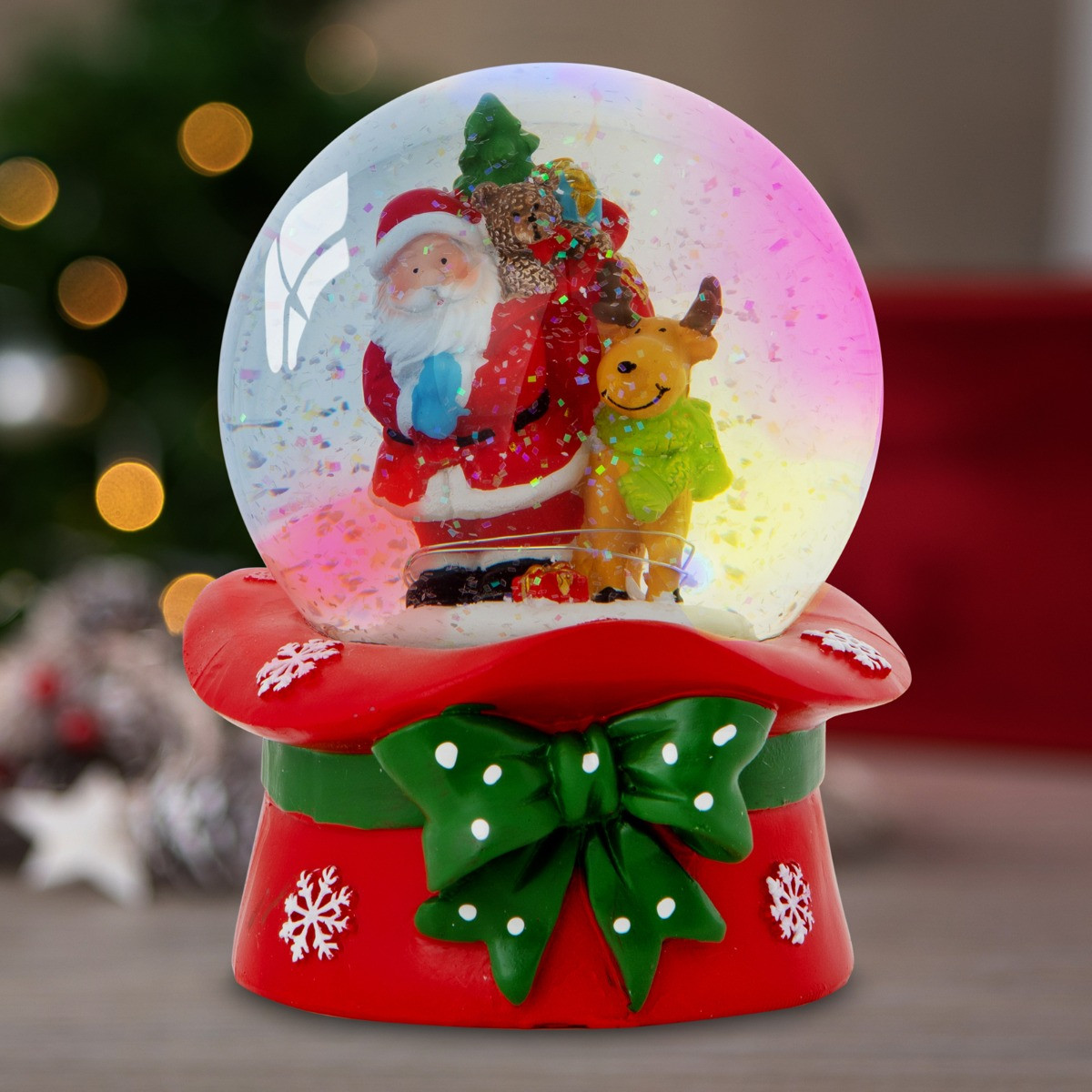 OHS Santa & Rudolph Light Up Musical Snow Globe - Multi>