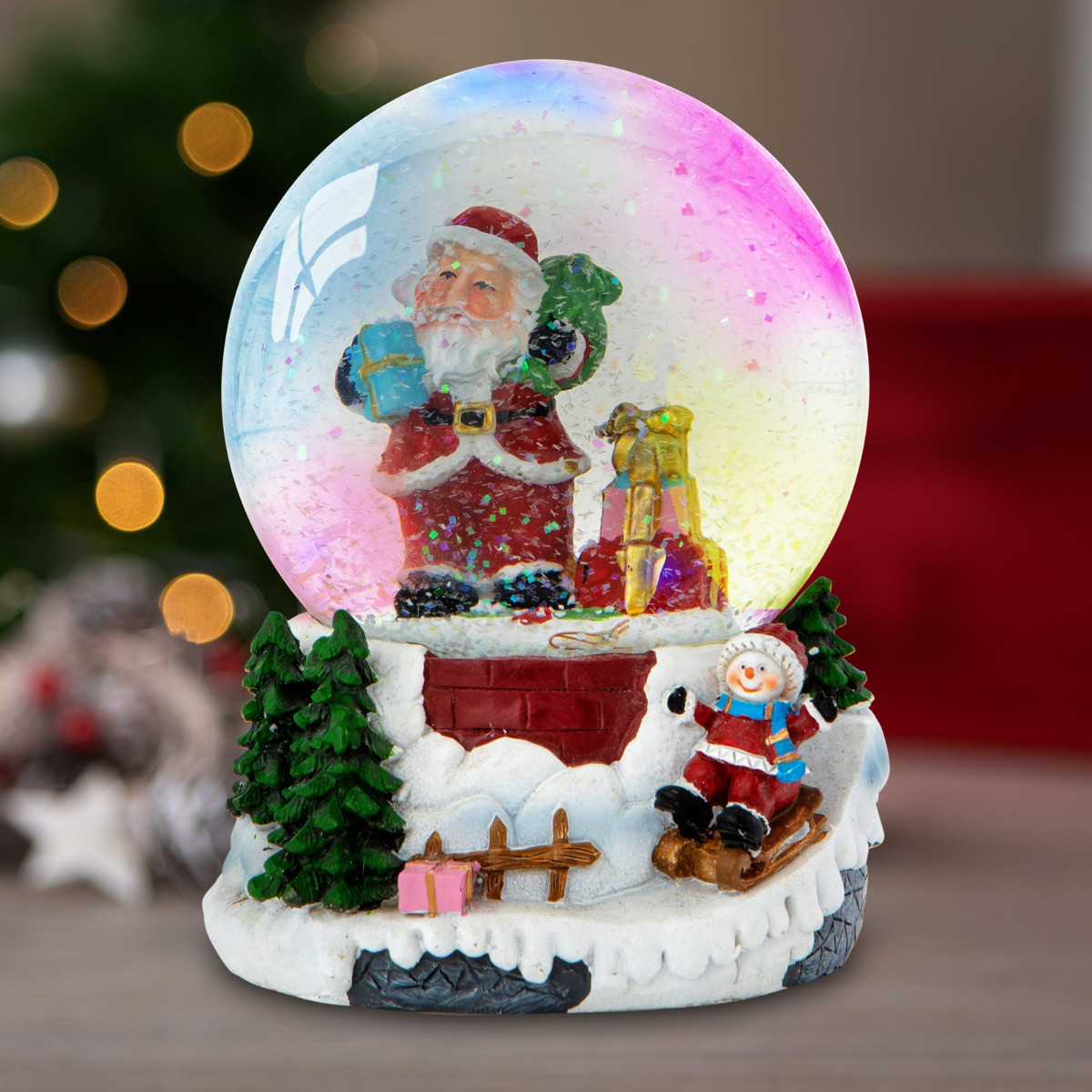 OHS Santa & Snowman Sledging Light Up Musical Snow Globe - Multi>
