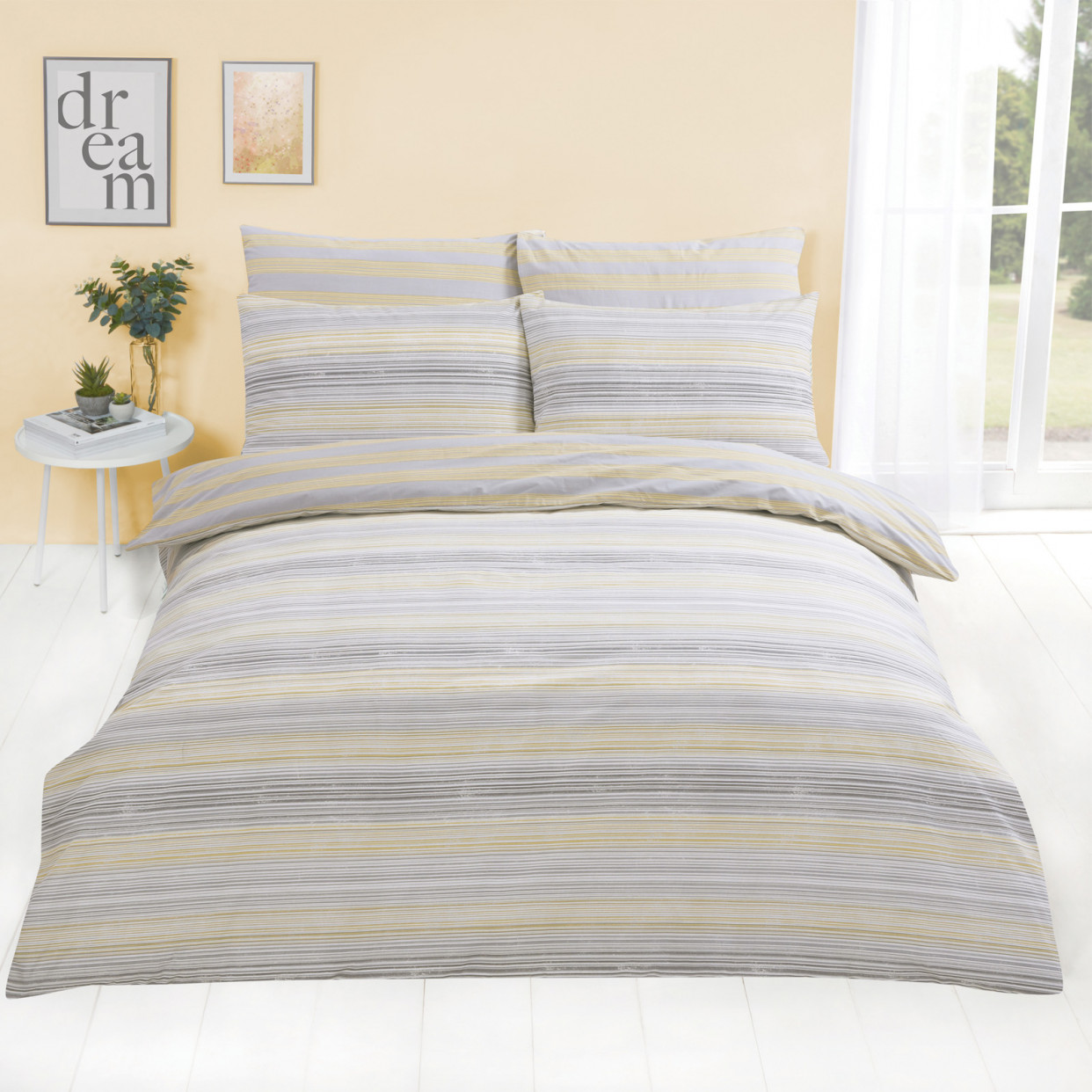 Dreamscene Speckle Stripe Duvet Cover with Pillowcase, Yellow - King>