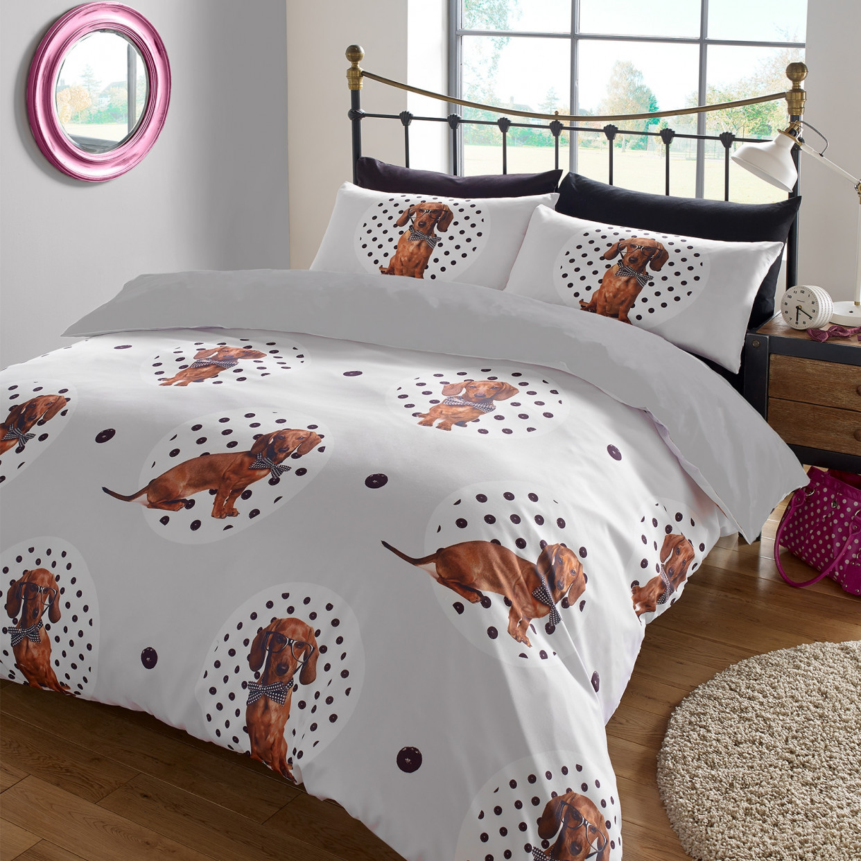 Dreamscene Dachshund Puppy Animal Print Duvet Cover with Pilllowcase Bedding Set - Single>