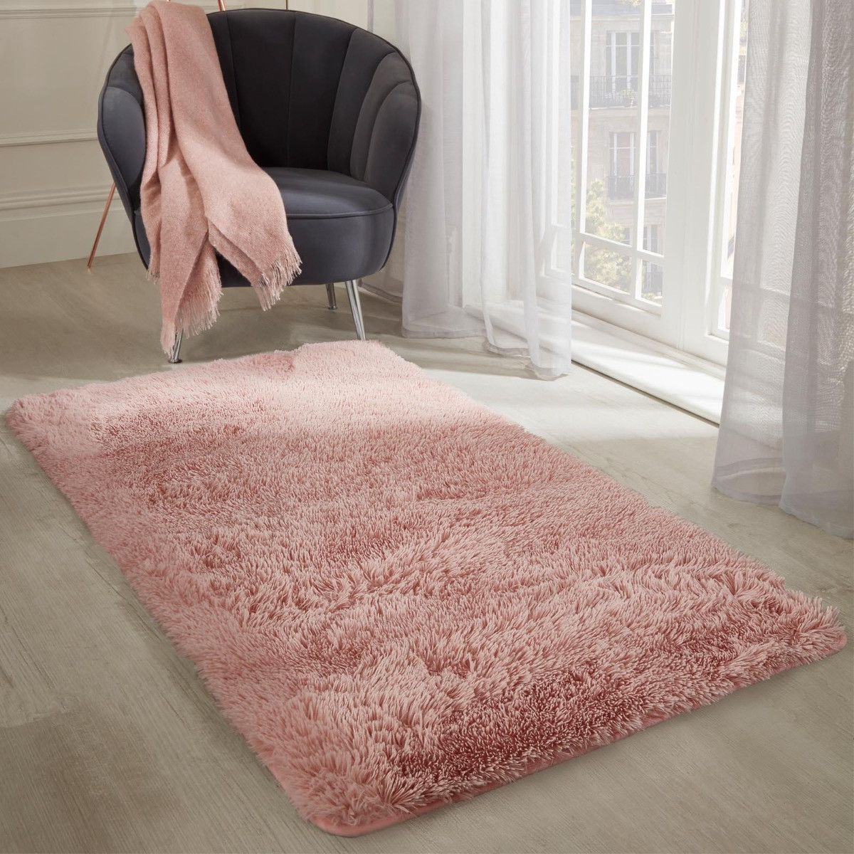 Sienna Soft Fluffy Rug Anti-Slip Plain Shaggy Floor Mat, Blush Pink - 80 x 150cm>
