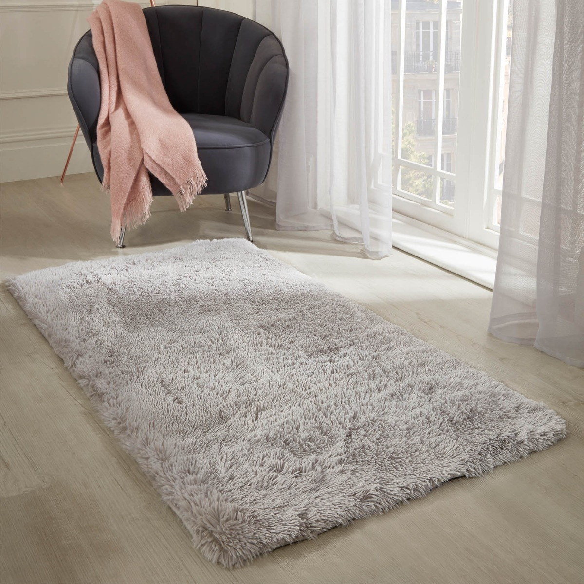 Sienna Soft Fluffy Rug Anti-Slip Plain Shaggy Floor Mat, Silver - 80 x 150cm>