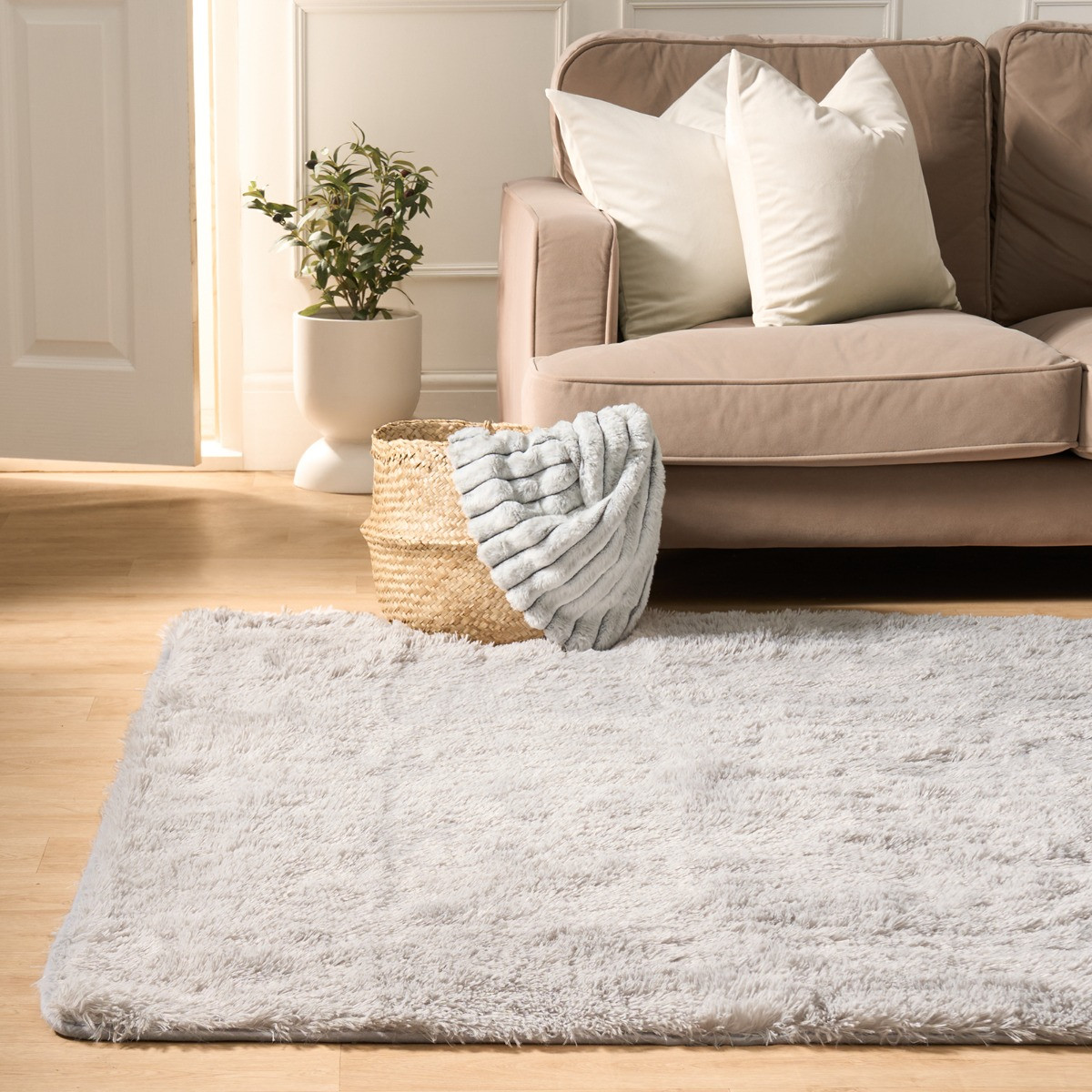 OHS Soft Fluffy Rug Anti-Slip Plain Shaggy Floor Mat, Silver - 160 x 230cm>