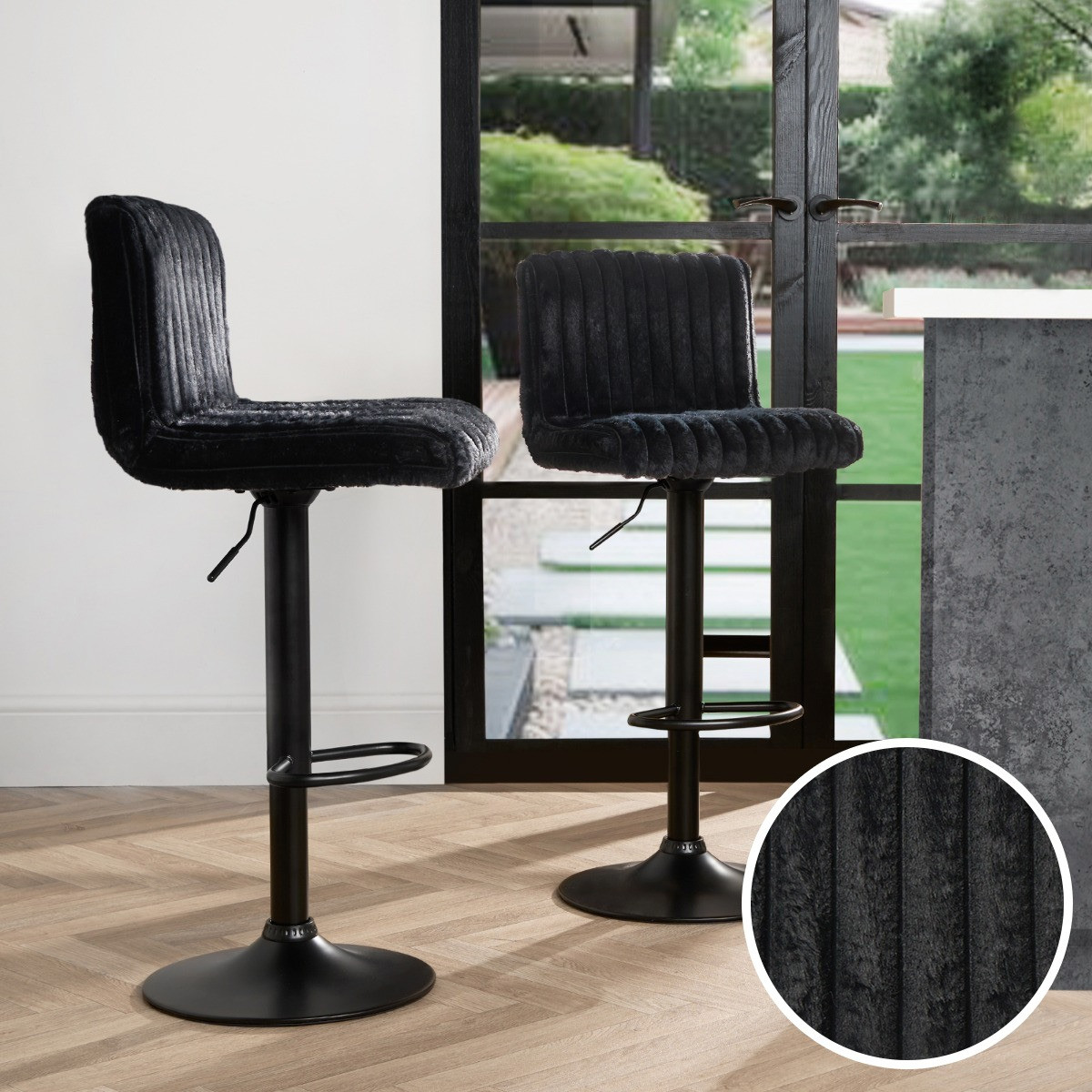 OHS Set of 2 Adjustable Faux Fur Ribbed Bar Stools - Black>