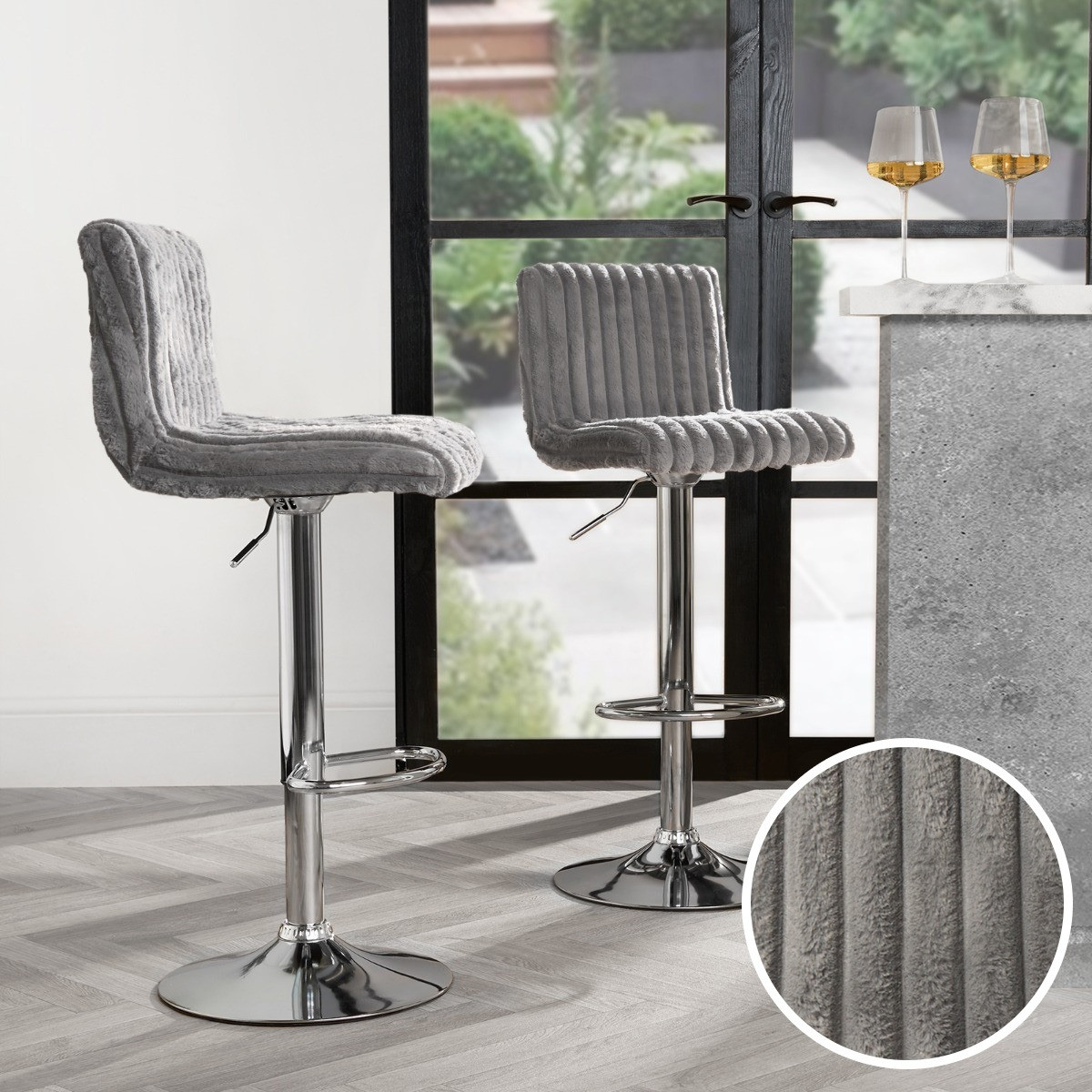 OHS Set of 2 Adjustable Faux Fur Ribbed Bar Stools - Charcoal>