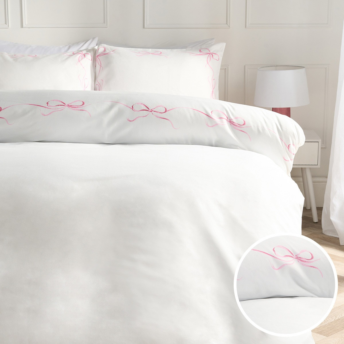 OHS Bow Border Duvet Cover Set, White/Pink - Single>