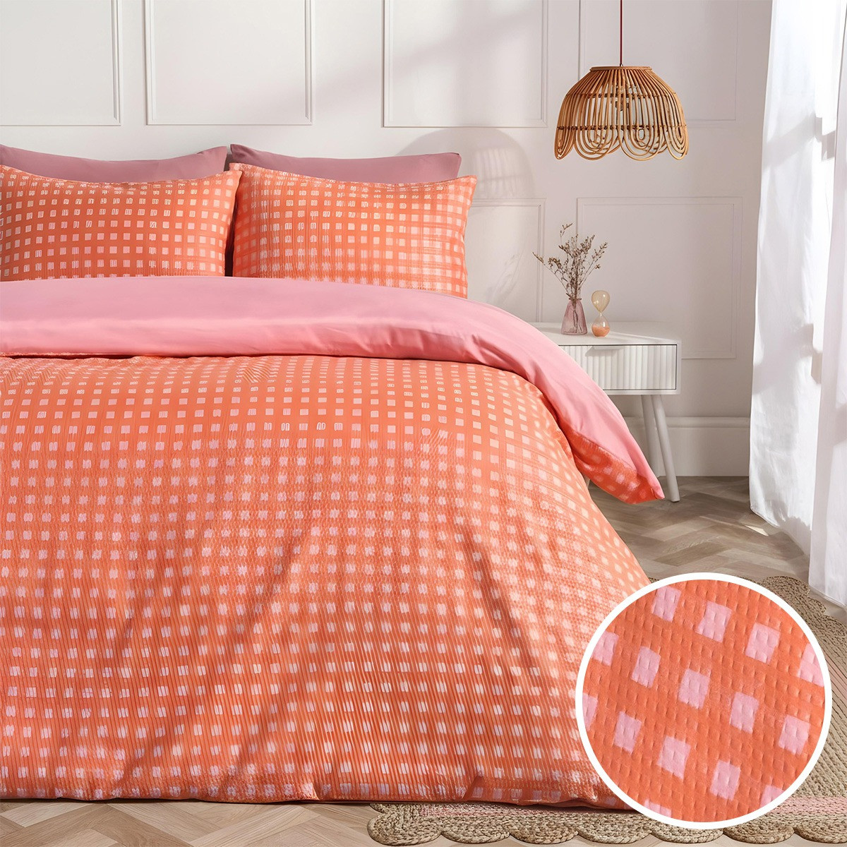 OHS Gingham Embossed Duvet Set, Coral - Double>
