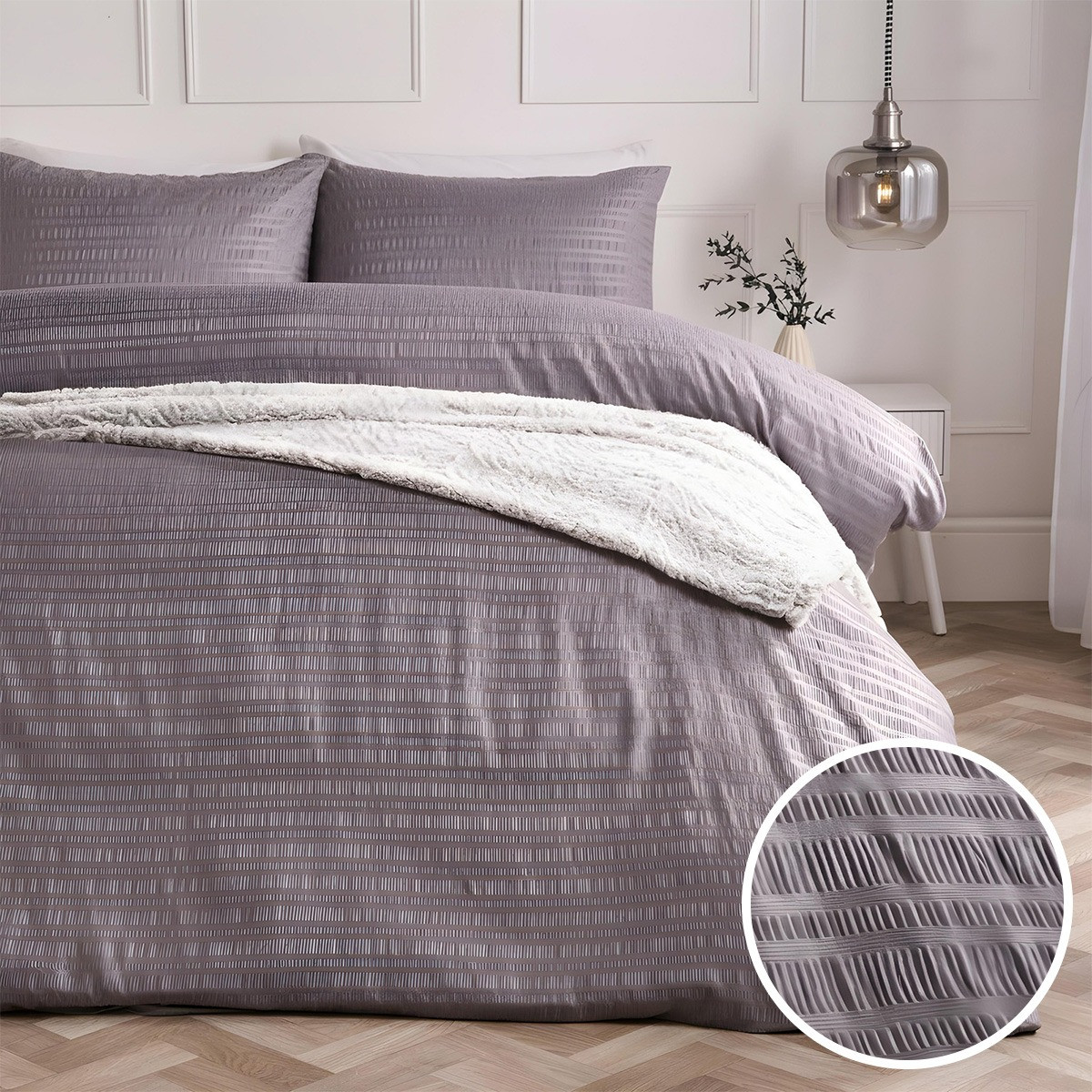 OHS Embossed Seersucker Duvet Set, Grey - Double>
