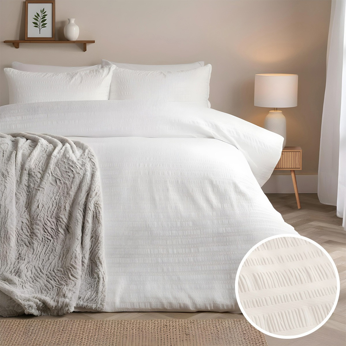 OHS Embossed Seersucker Duvet Set, White - King>
