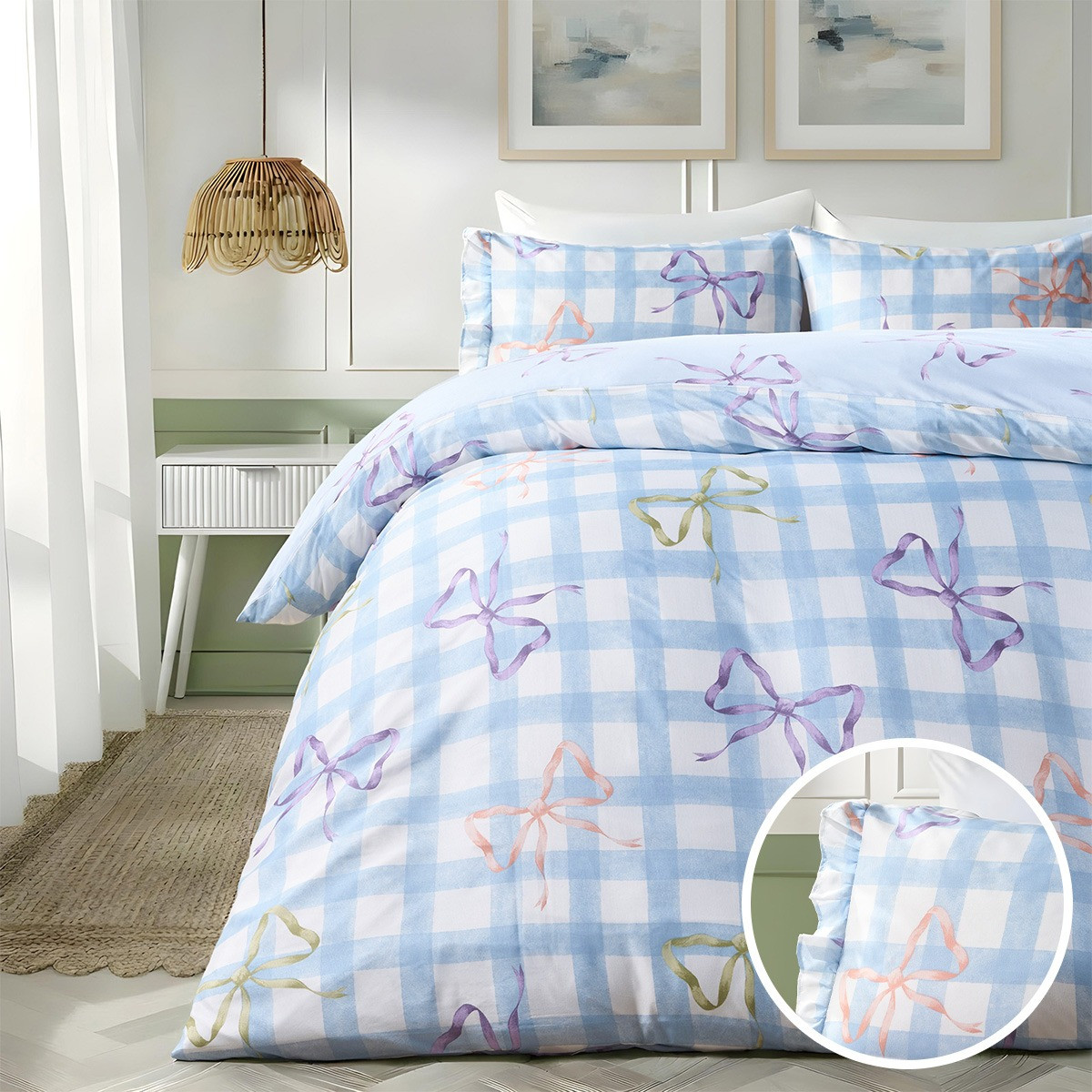 OHS Bow Print Gingham Duvet Cover & Frill Edge Pillowcase Set - Blue/White>