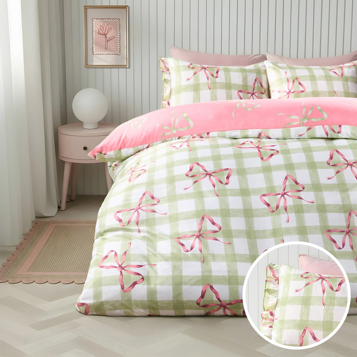 OHS Bow Print Gingham Duvet Cover & Frill Edge Pillowcase Set - Green/White>