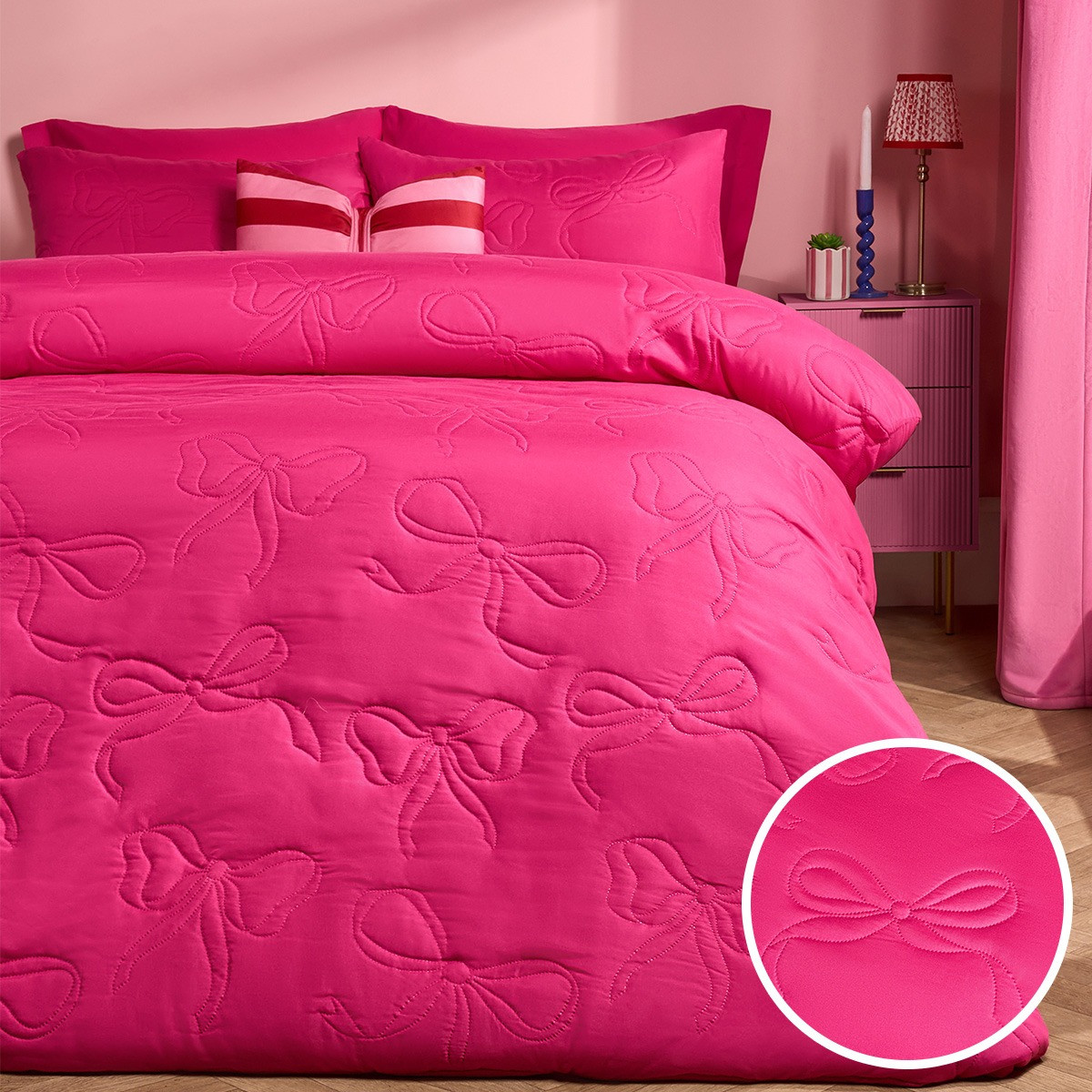 OHS Bows Quilted Duvet Set, Hot Pink - Double>