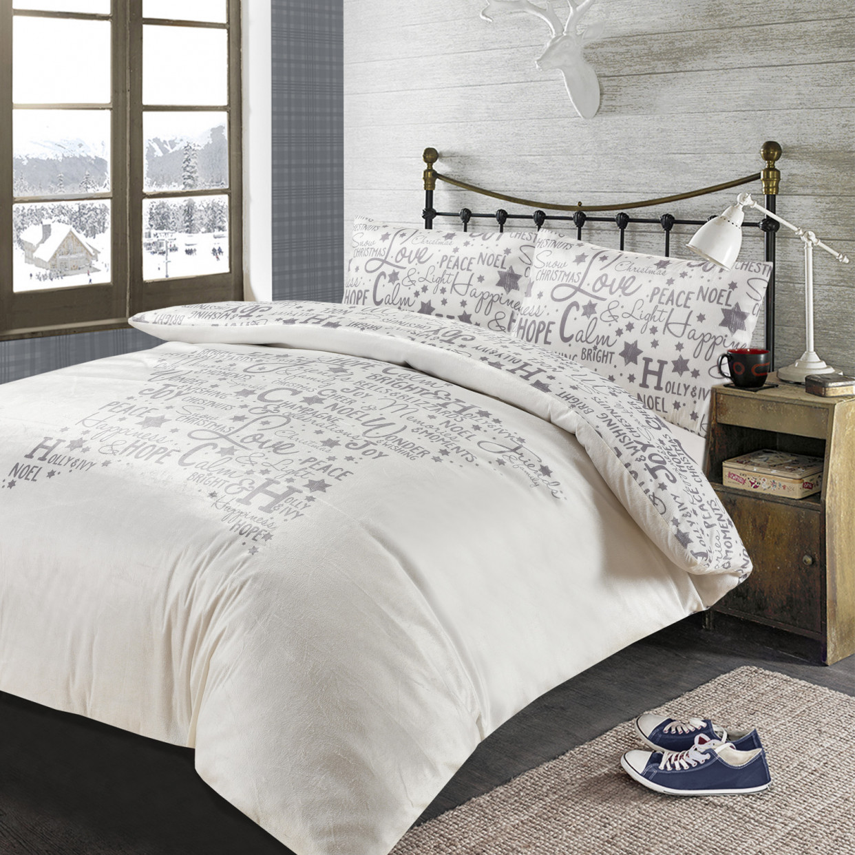 OHS Star Words Christmas Thermal Winter Bedding Set, White Grey - Double>
