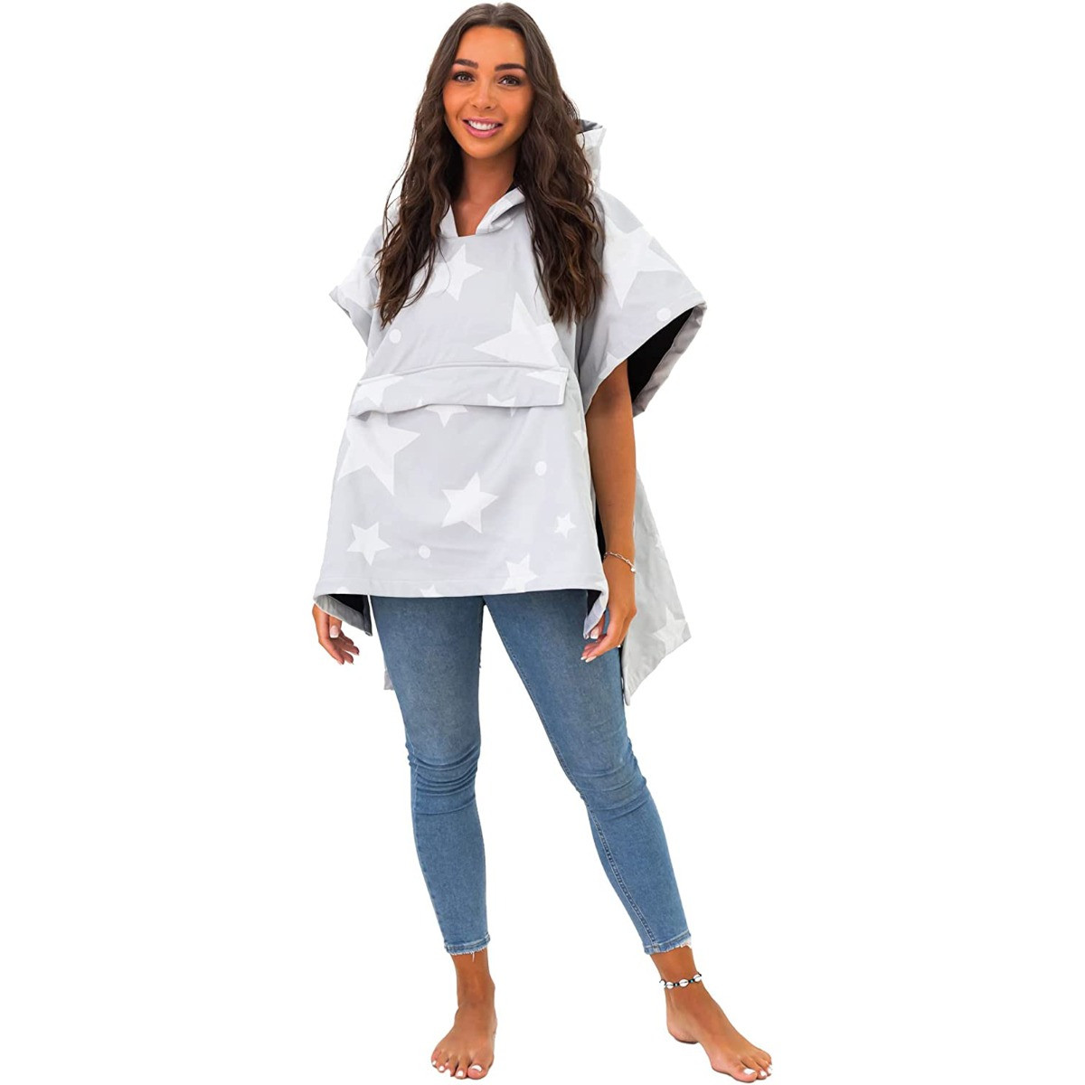 Waterproof 3 in 1 Star Print Towel Poncho - Grey >