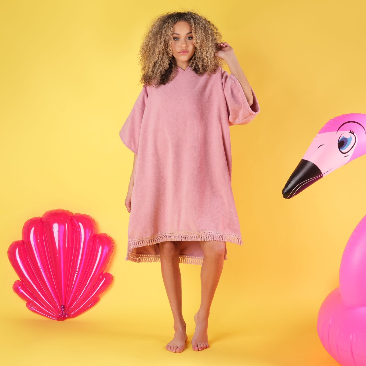 OHS Tassel Hem Short Sleeve Beach Cover Up Poncho Towel - Dusky Pink>