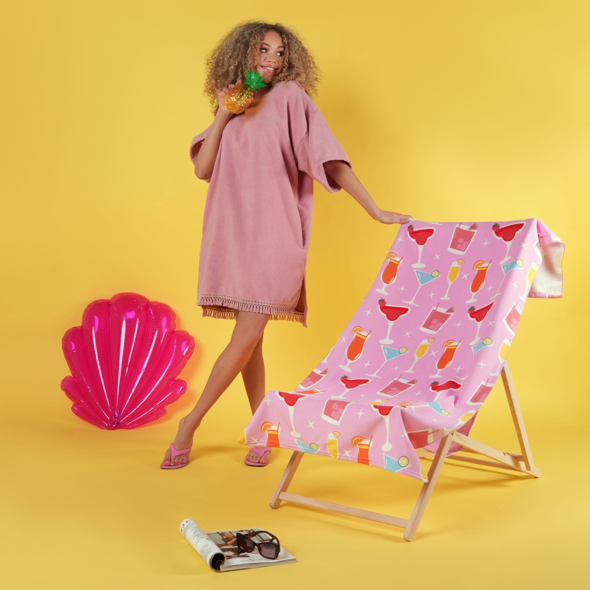 OHS Tassel Hem Short Sleeve Beach Cover Up Poncho Towel - Dusky Pink>