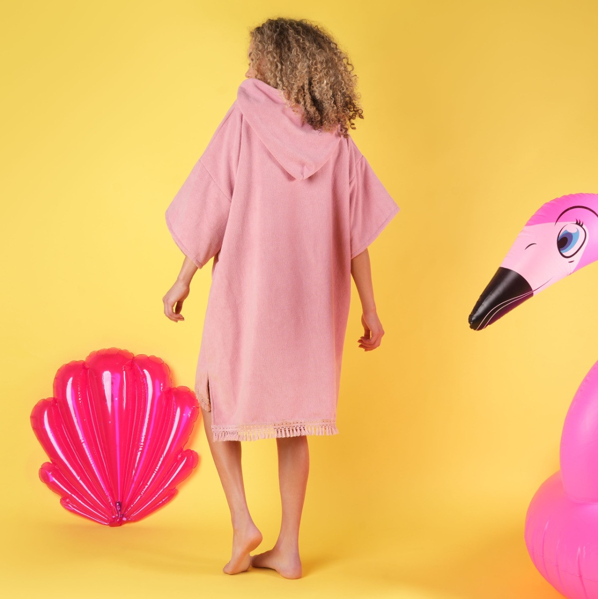 Sienna Tassel Hem Short Sleeve Beach Cover Up Poncho Towel - Dusky Pink>
