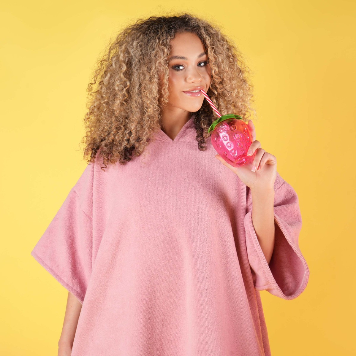 OHS Tassel Hem Short Sleeve Beach Cover Up Poncho Towel - Dusky Pink>