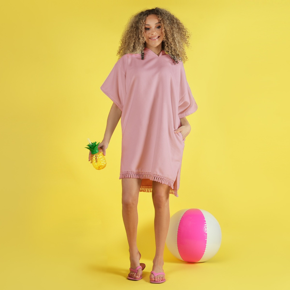 OHS Tassel Hem Short Sleeve Beach Cover Up Poncho Towel - Dusky Pink>