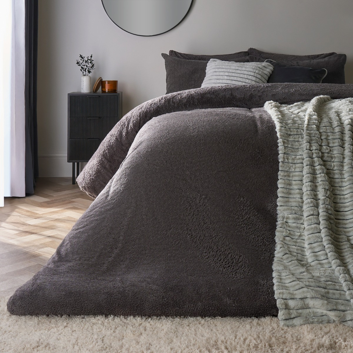 OHS Teddy Fleece Duvet Cover Set, Charcoal - Single>