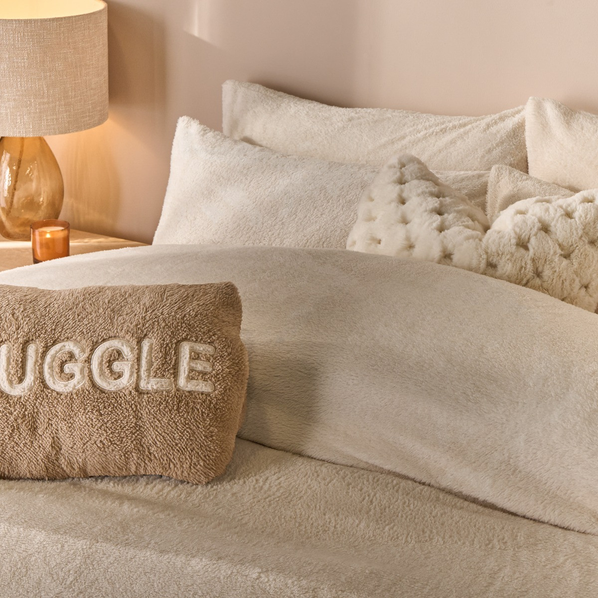 OHS Teddy Fleece Duvet Cover Set, Cream - King>