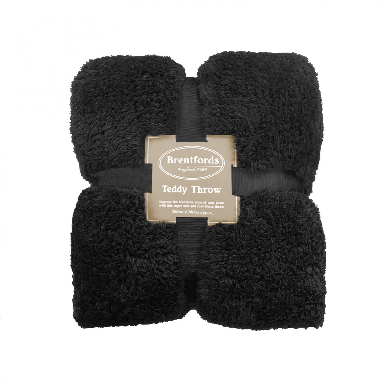 Brentfords Teddy Fleece Throw Over Blanket, Black 200 x 200cm