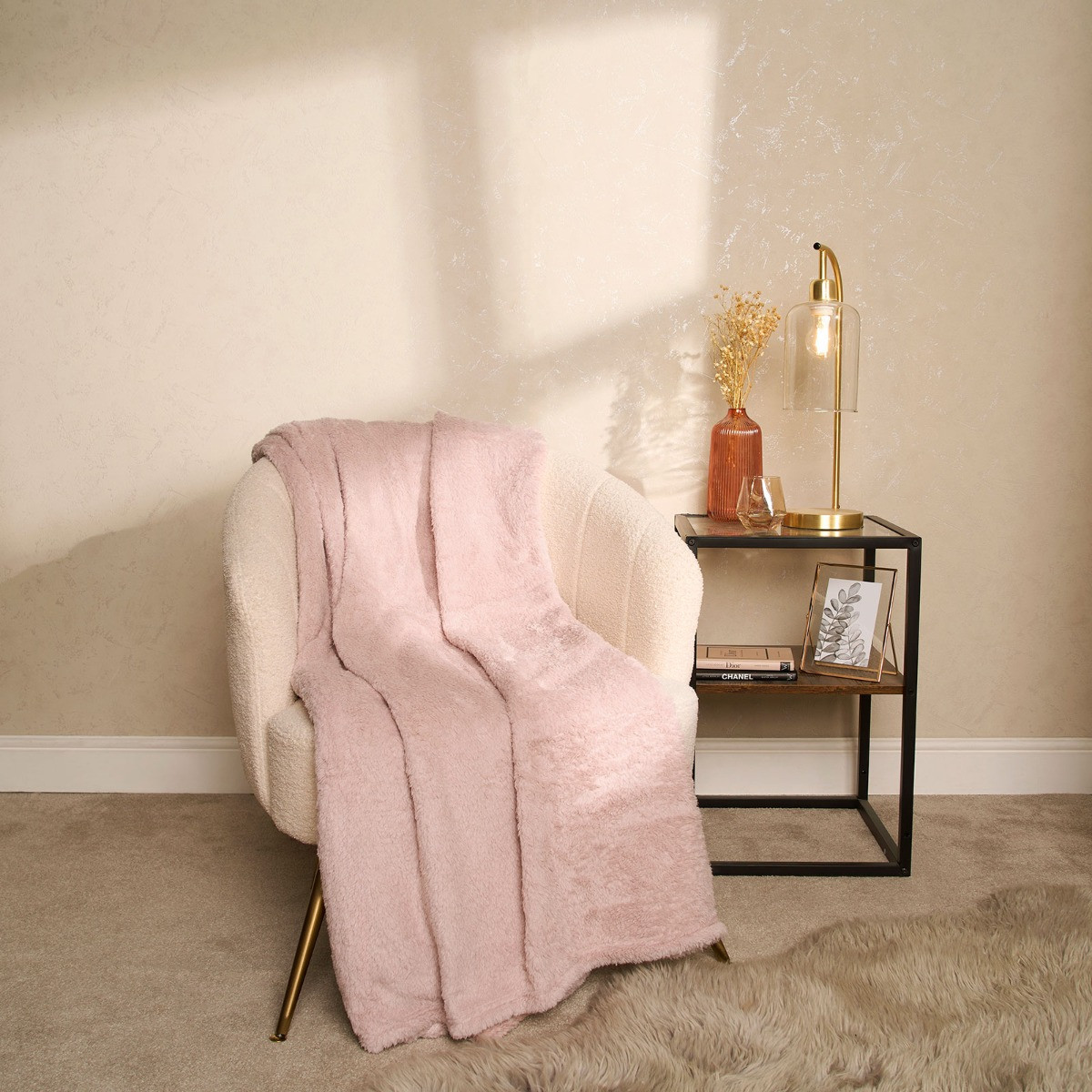 Brentfords Teddy Fleece Blanket Throw, Blush Pink - 200 x 240cm>