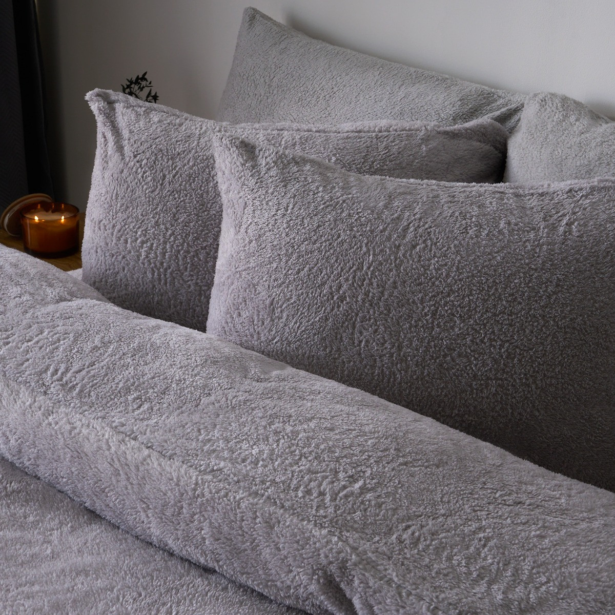 OHS Teddy Fleece Duvet Cover Set, Silver Grey - Single>