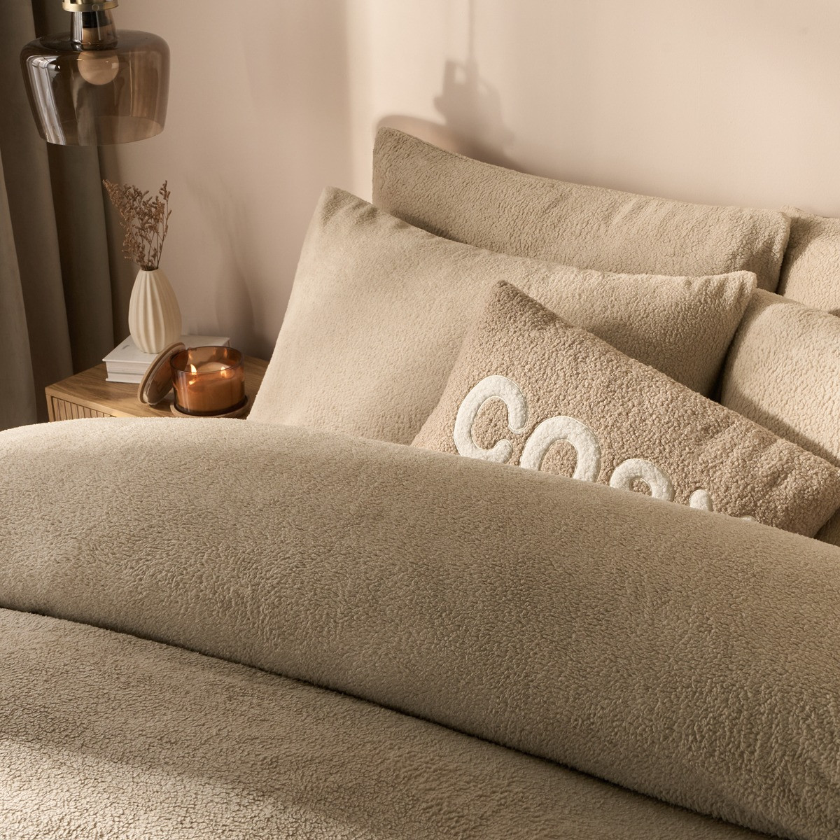 OHS Teddy Fleece Duvet Cover Set, Stone - Double>