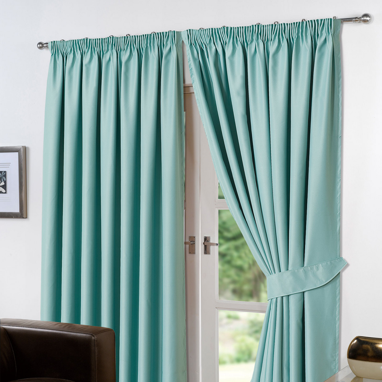 Thermal Pencil Pleat Blackout PAIR Curtains Ready Made Fully Lined - Aqua 66x90>