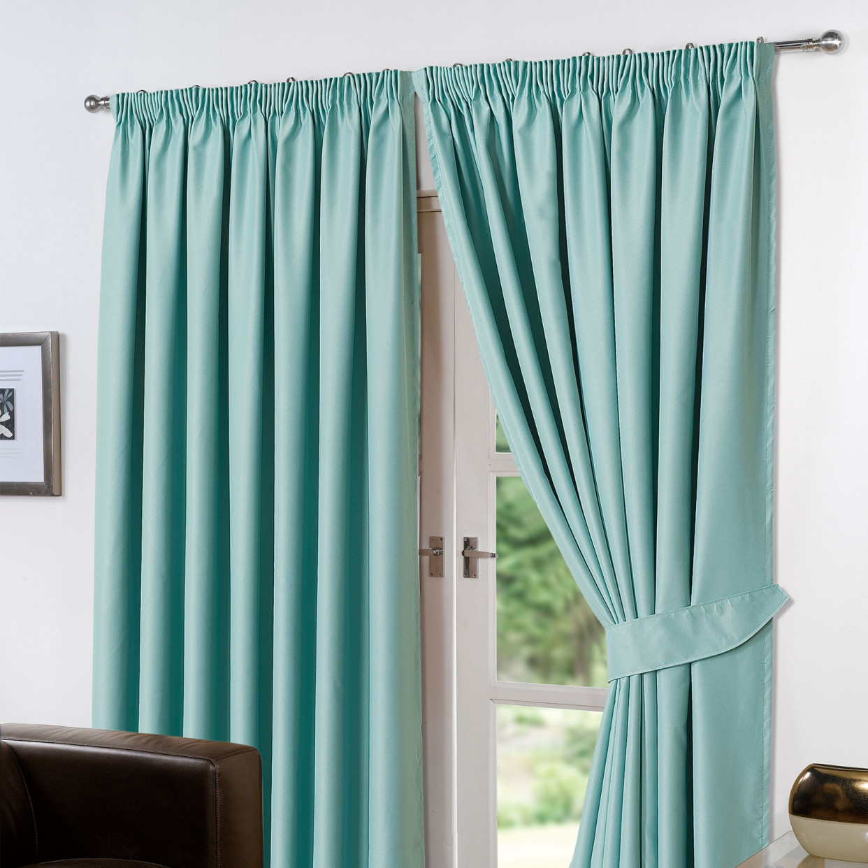 Thermal Pencil Pleat Blackout PAIR Curtains Ready Made Fully Lined - Aqua 90x90>
