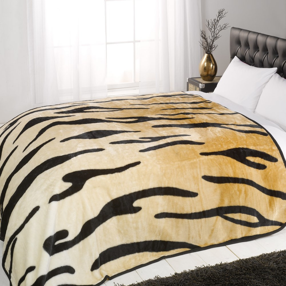 Animal Print Mink Faux Fur Throw Fleece Blanket - Tiger Design - 125 x 150cm>