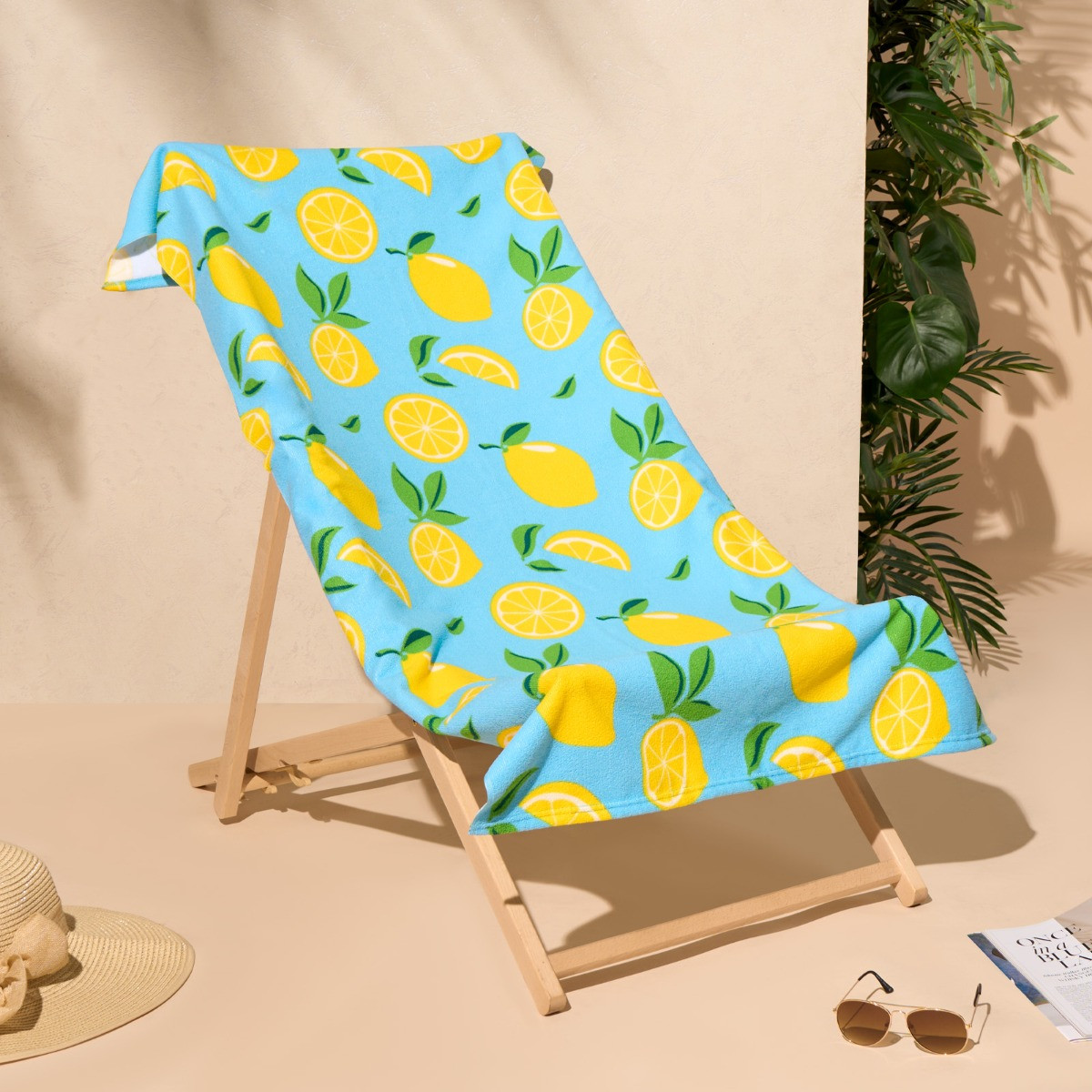 OHS Lemon Print Beach Towel - Blue>