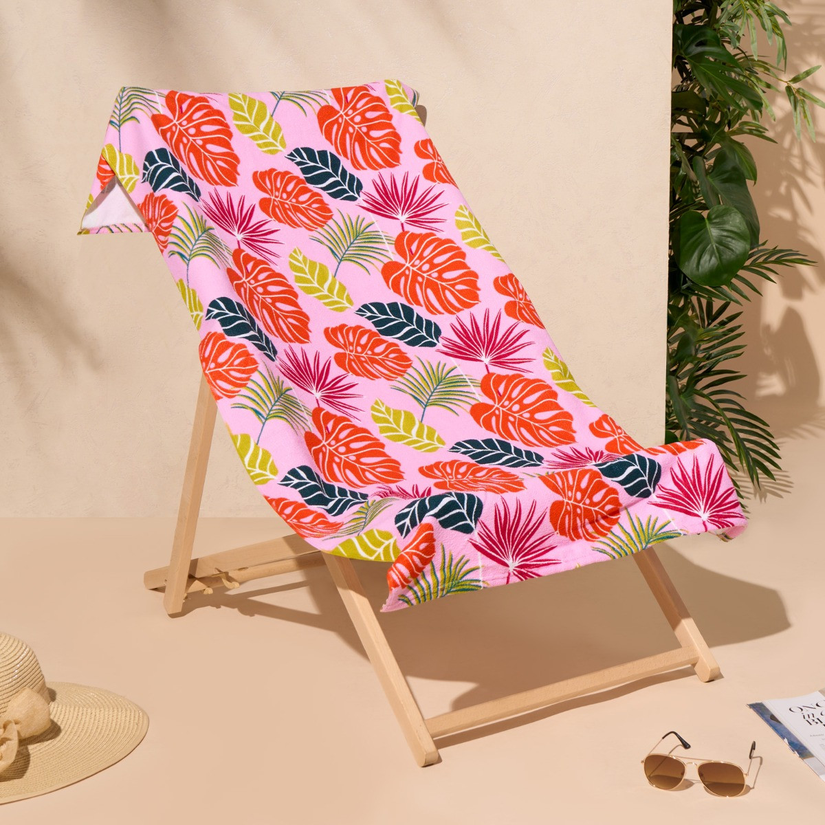 OHS Tropical Leaf Print Beach Towel - Pink>