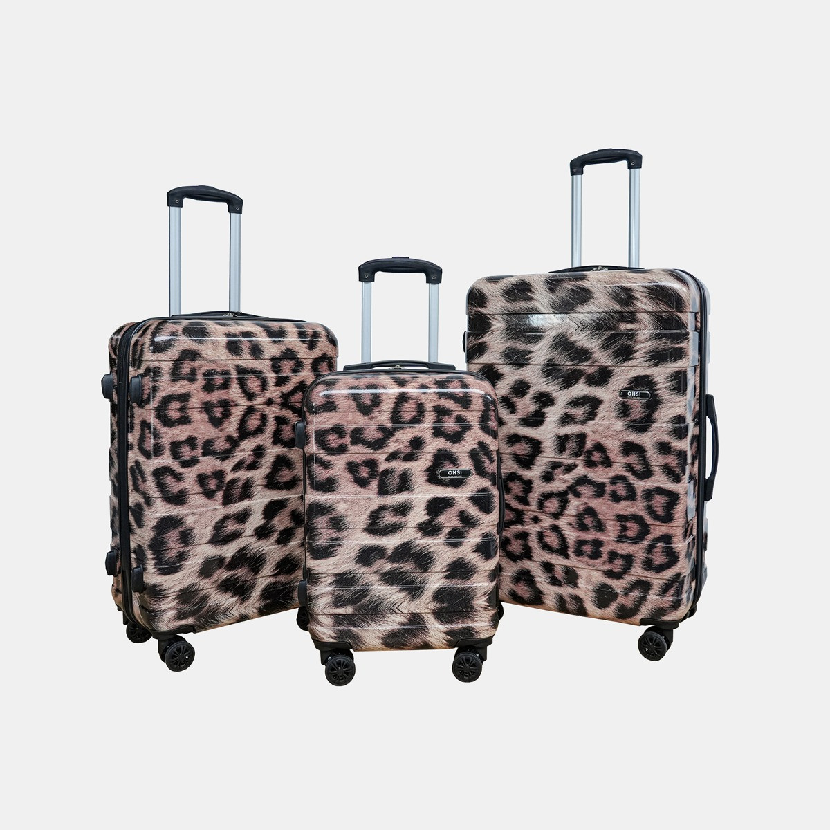 OHS 4 Wheel Leopard Print Hard Shell Suitcase, Natural - 3 Pack>