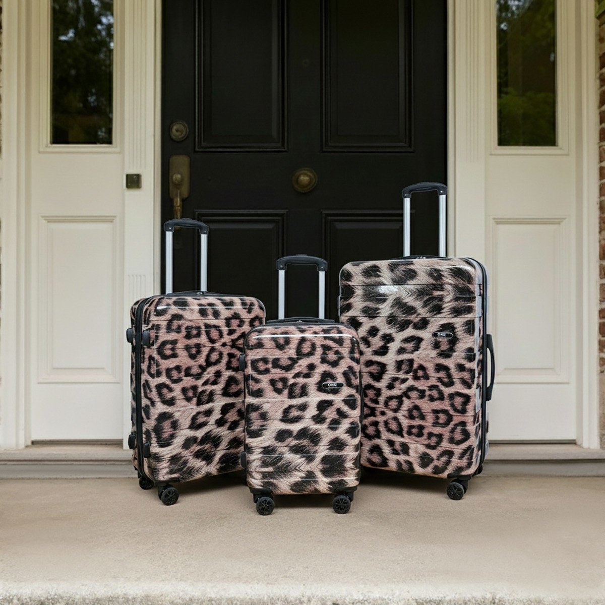 OHS 4 Wheel Leopard Print Hard Shell Suitcase, Natural - 3 Pack>