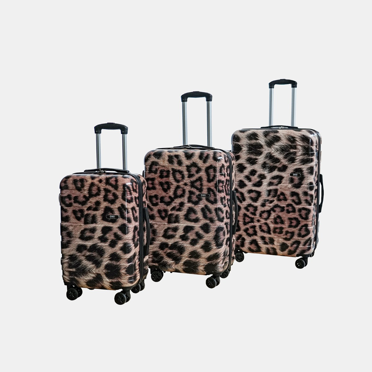OHS 4 Wheel Leopard Print Hard Shell Suitcase, Natural - 3 Pack>