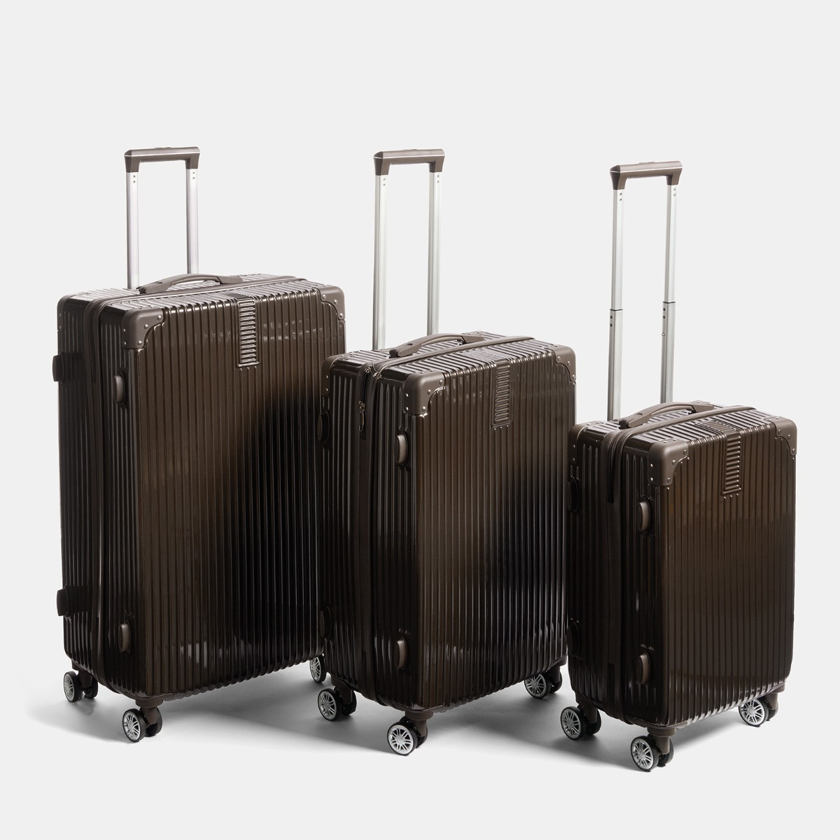 OHS 4 Wheel Hard Shell Metallic Suitcase, Brown - 3 Pack>