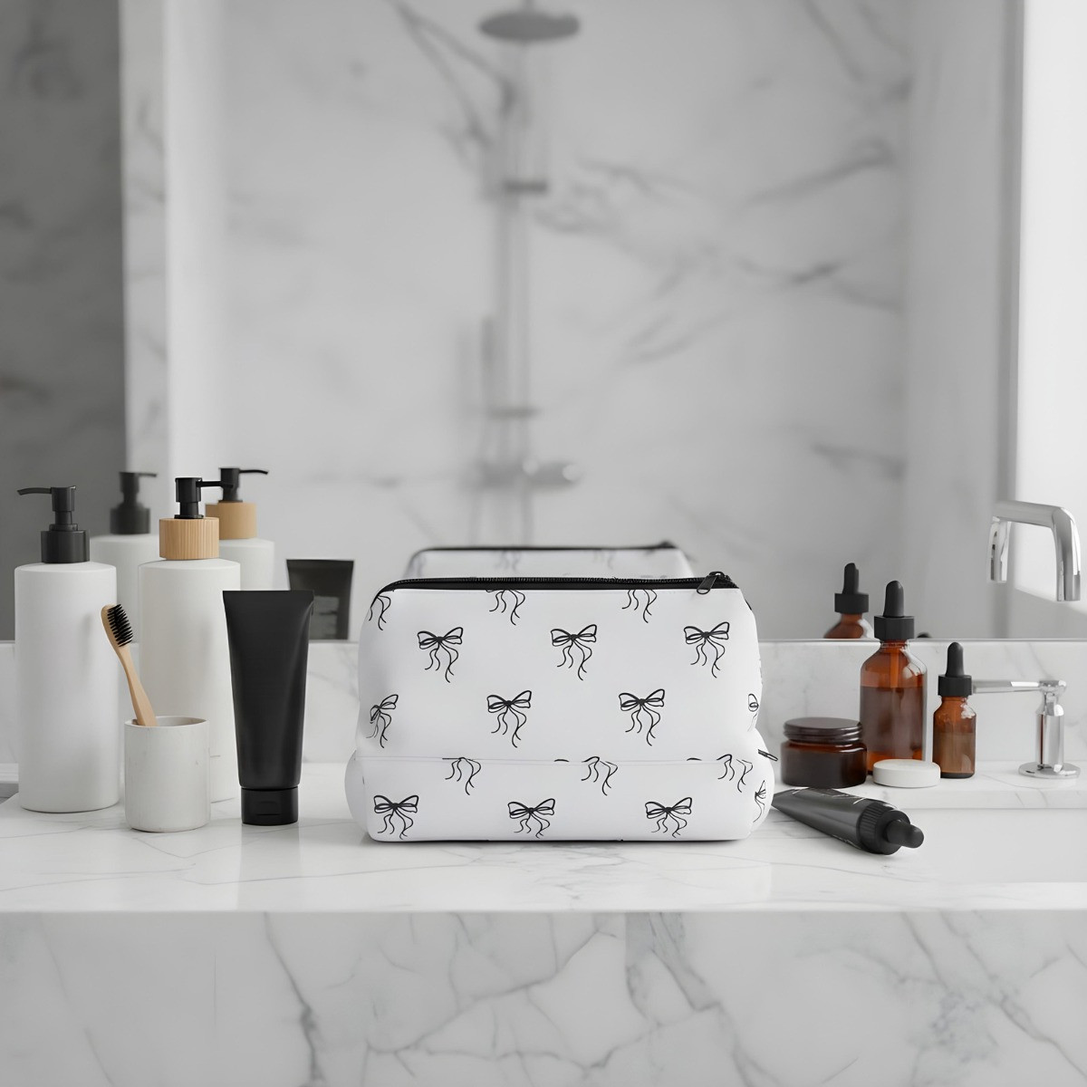 OHS Bow Print Travel Wash Bag - Monochrome>