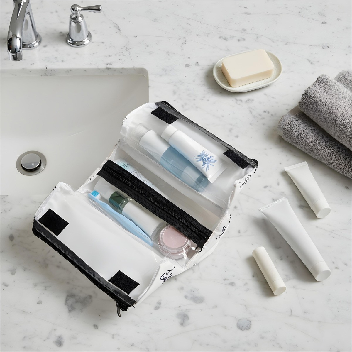 OHS Bow Print Travel Wash Bag - Monochrome>