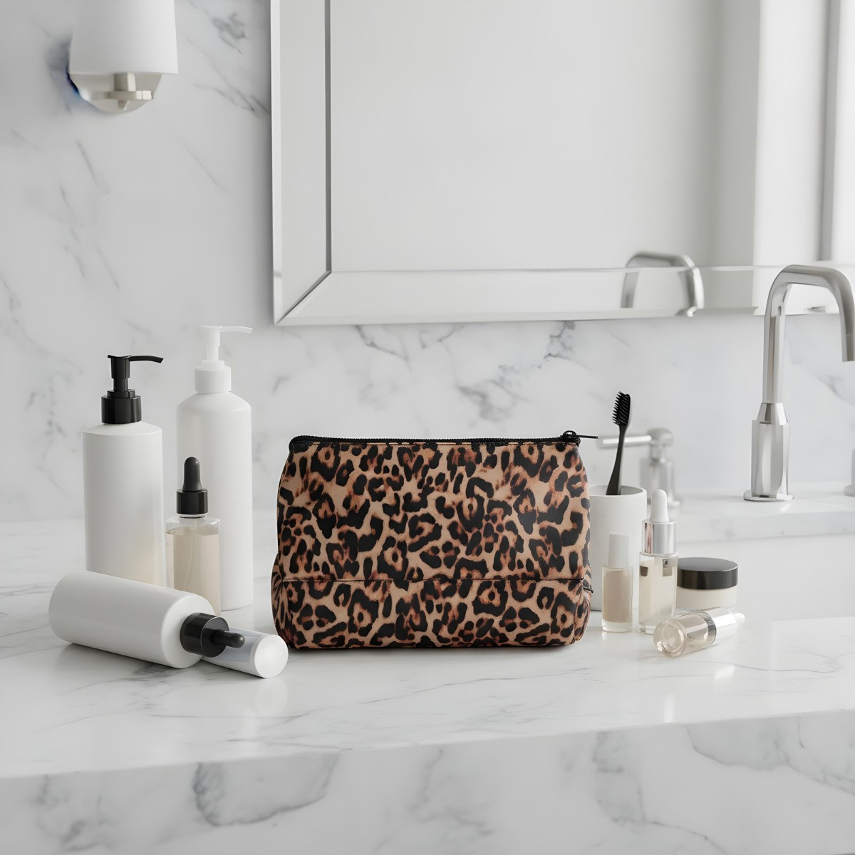 OHS Leopard Print Travel Wash Bag - Natural>