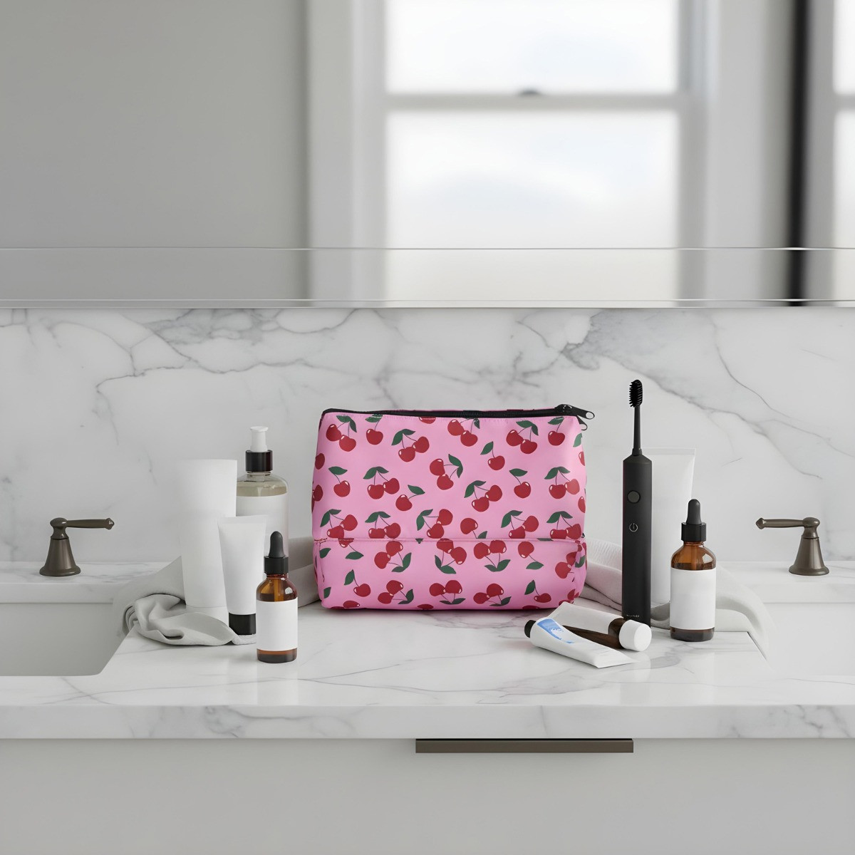 OHS Cherry Print Travel Wash Bag - Pink>
