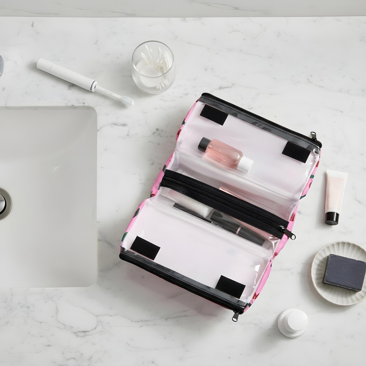 OHS Cherry Print Travel Wash Bag - Pink>