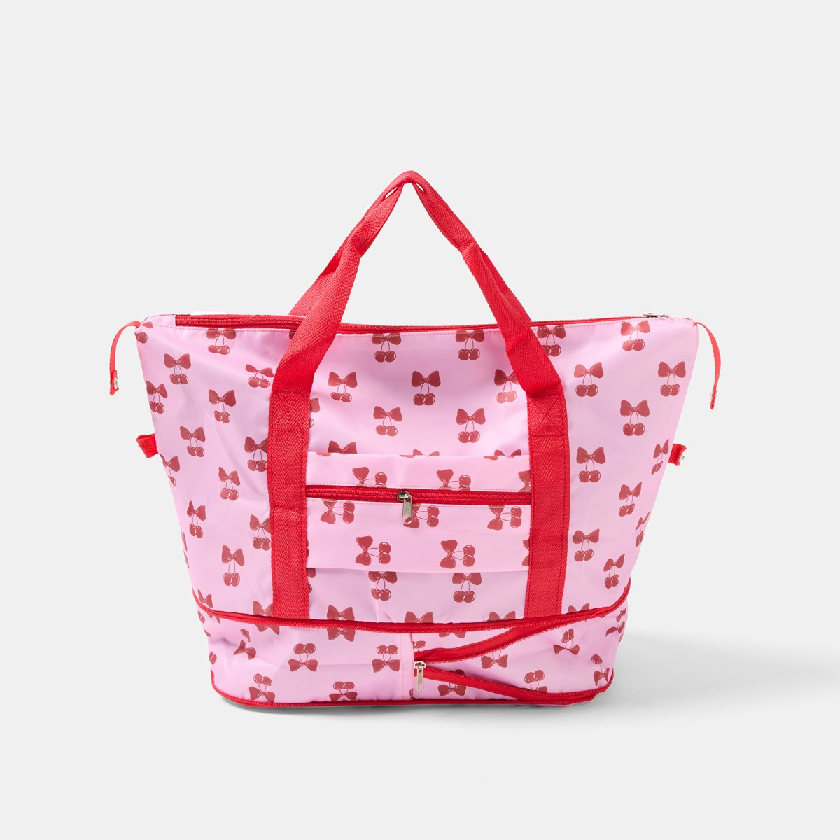 OHS Cherry Bow Print Overnight Weekend Travel Bag - Pink/Red>